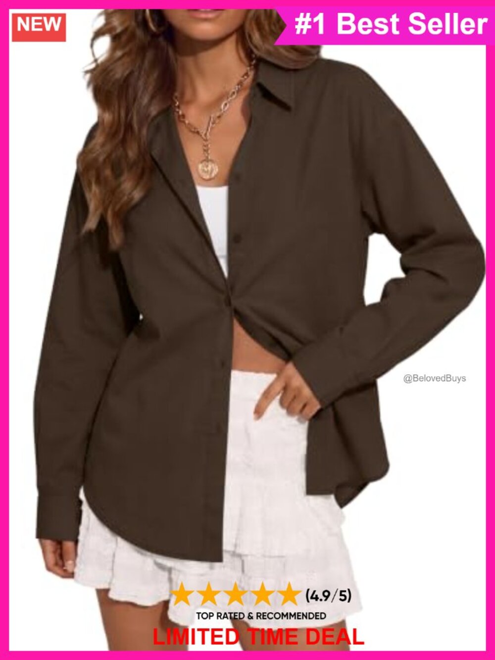 Oversized Button Down Long Sleeve Collared V-Neck Blouse Boxy High-Low Hem
